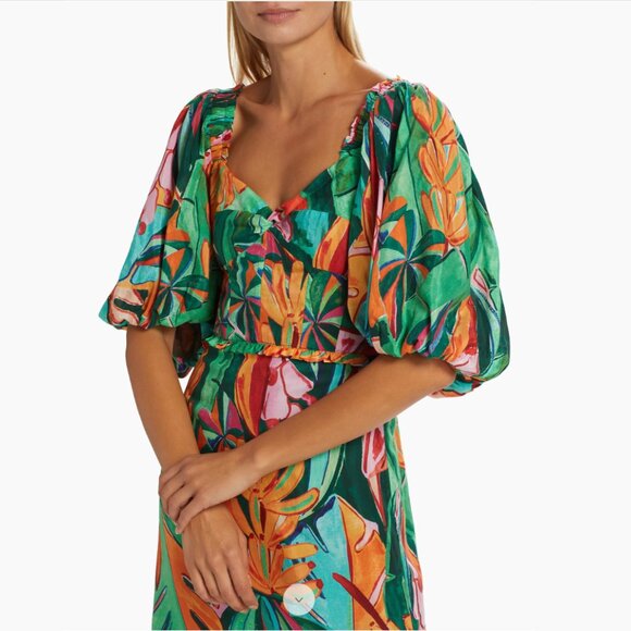 FARM Rio | NWT Banana & Foliage Print Puff Sleeve Midi Dress, Size S ๐ง๐ท - Picture 6 of 15